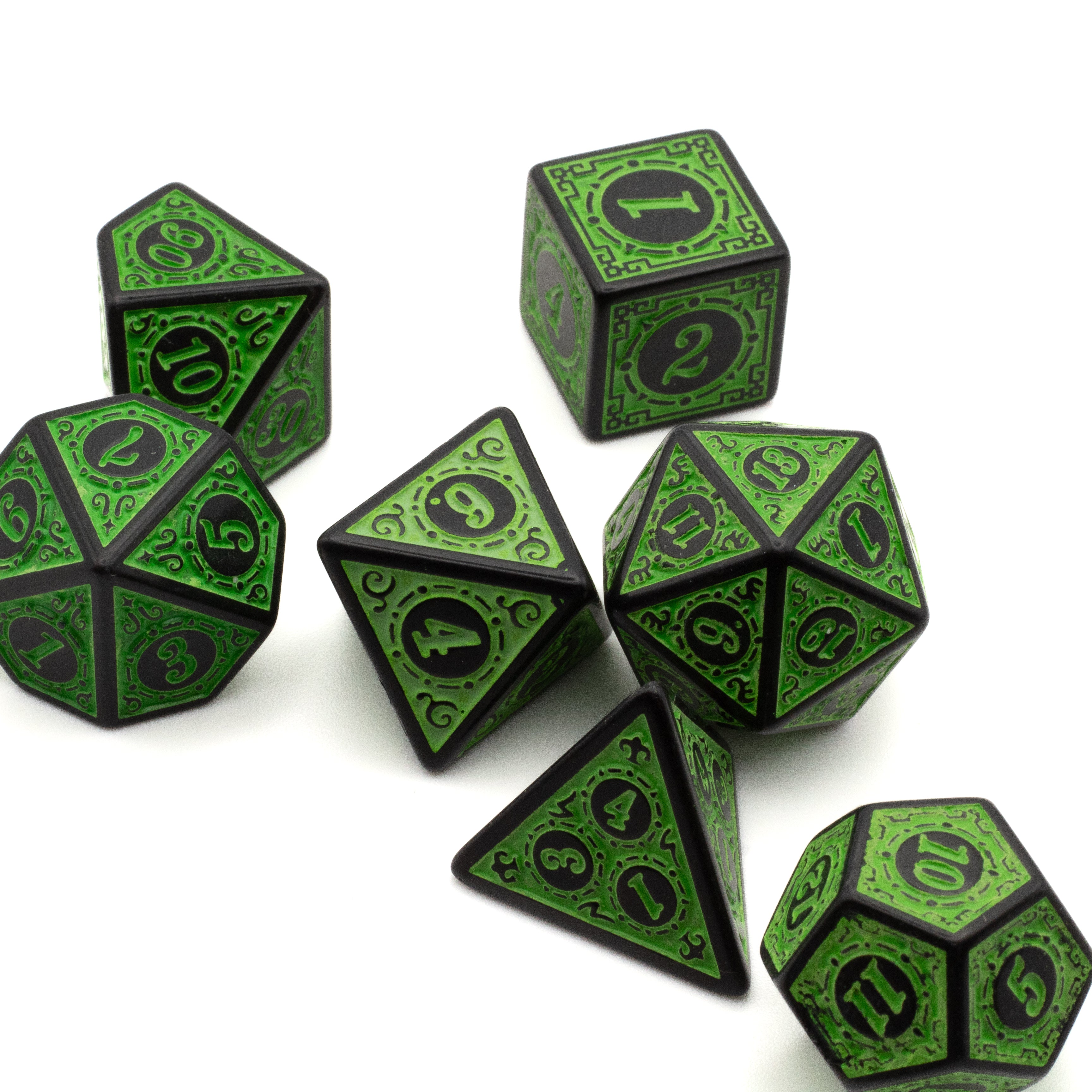 Green Runes Acrylic Dice Set - Set of seven green acrylic polyhedral dice with black runic numbers and symbols.