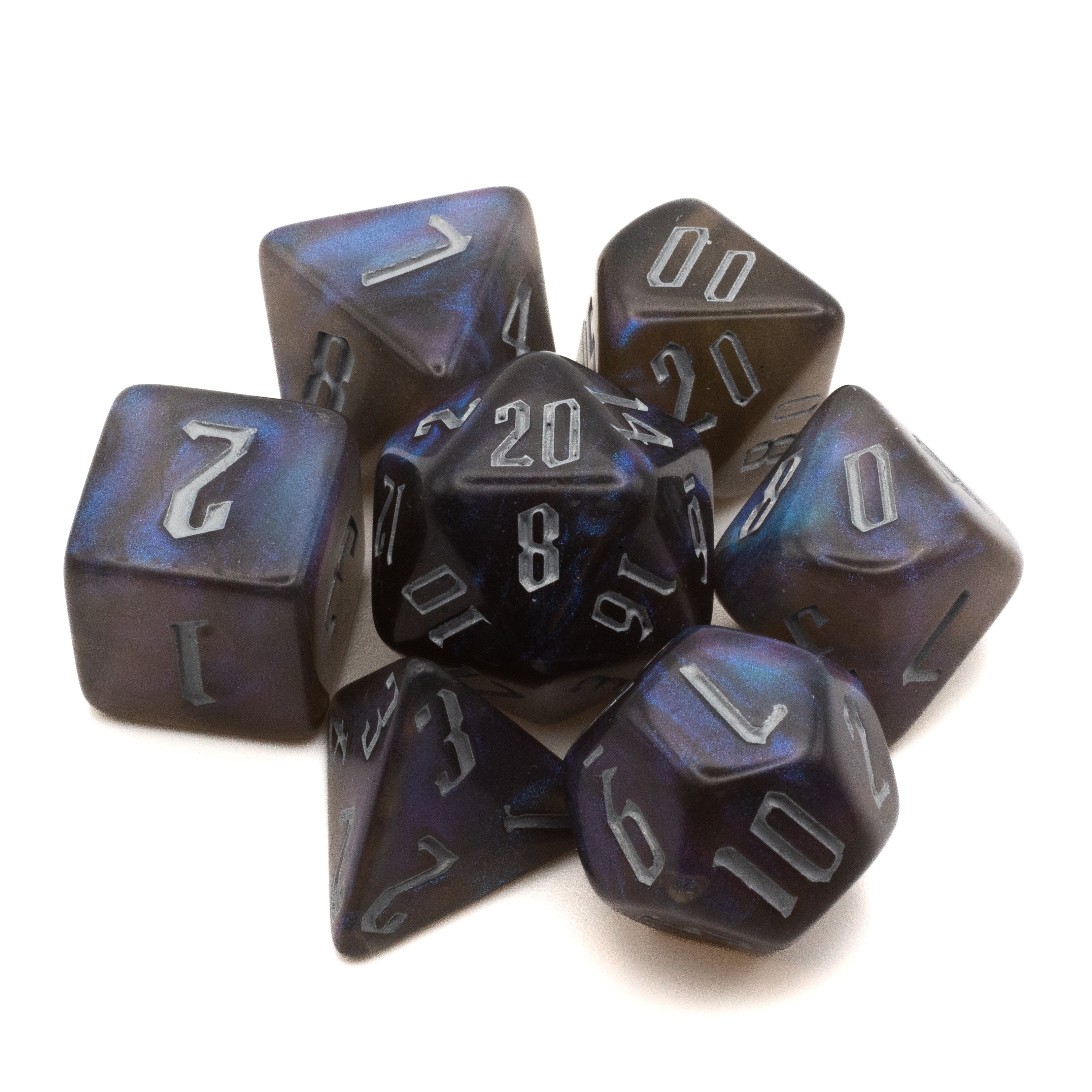 Black Mana Glitter Dice Set - Set of seven black polyhedral dice with silver glitter and white numbering, including d20, d12, d10, d8, d6, and d4.
