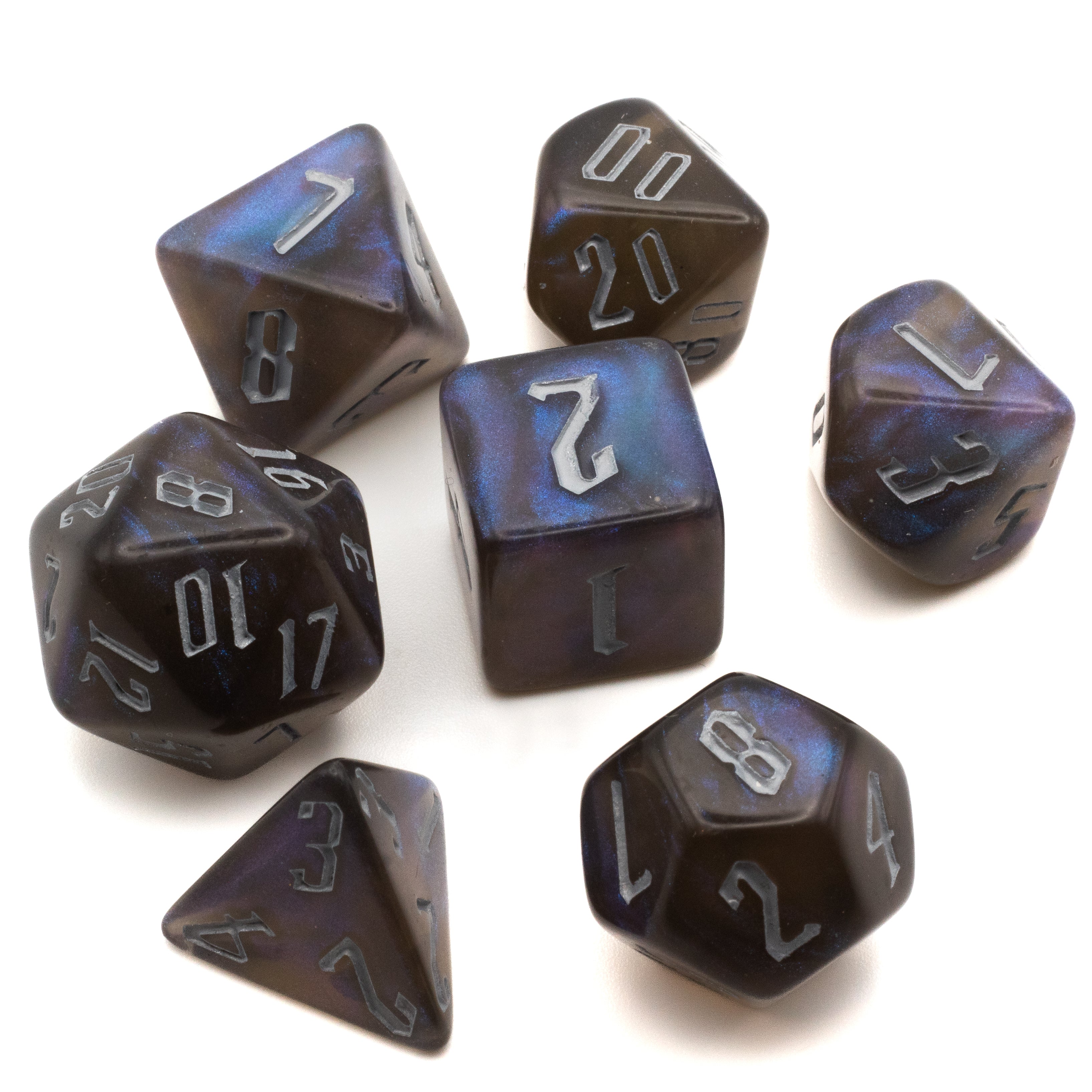 Black Mana Glitter Dice Set - Seven black polyhedral dice with glittery finish and silver numbers, including d20, d12, d10, d8, d6, d4, and percentile.