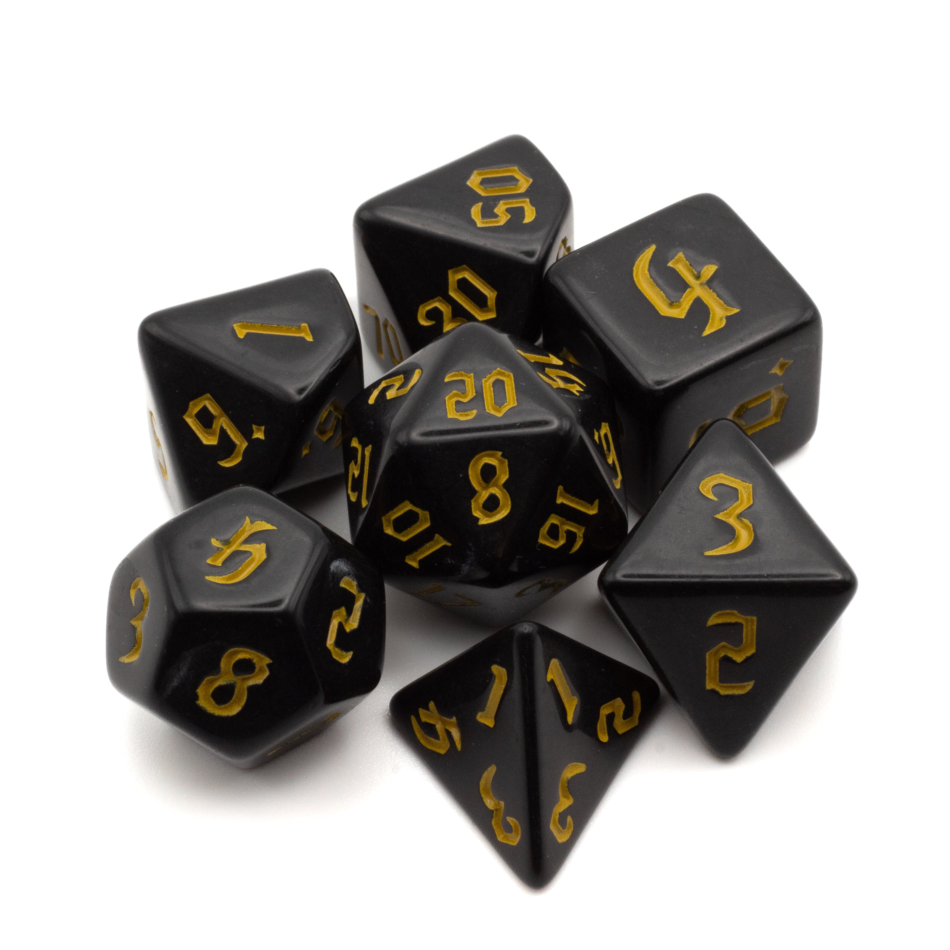 Black Acrylic Dice Set - Yellow - Set of black acrylic dice with yellow numbers, including d4, d6, d8, d10, d12, and d20 shapes.