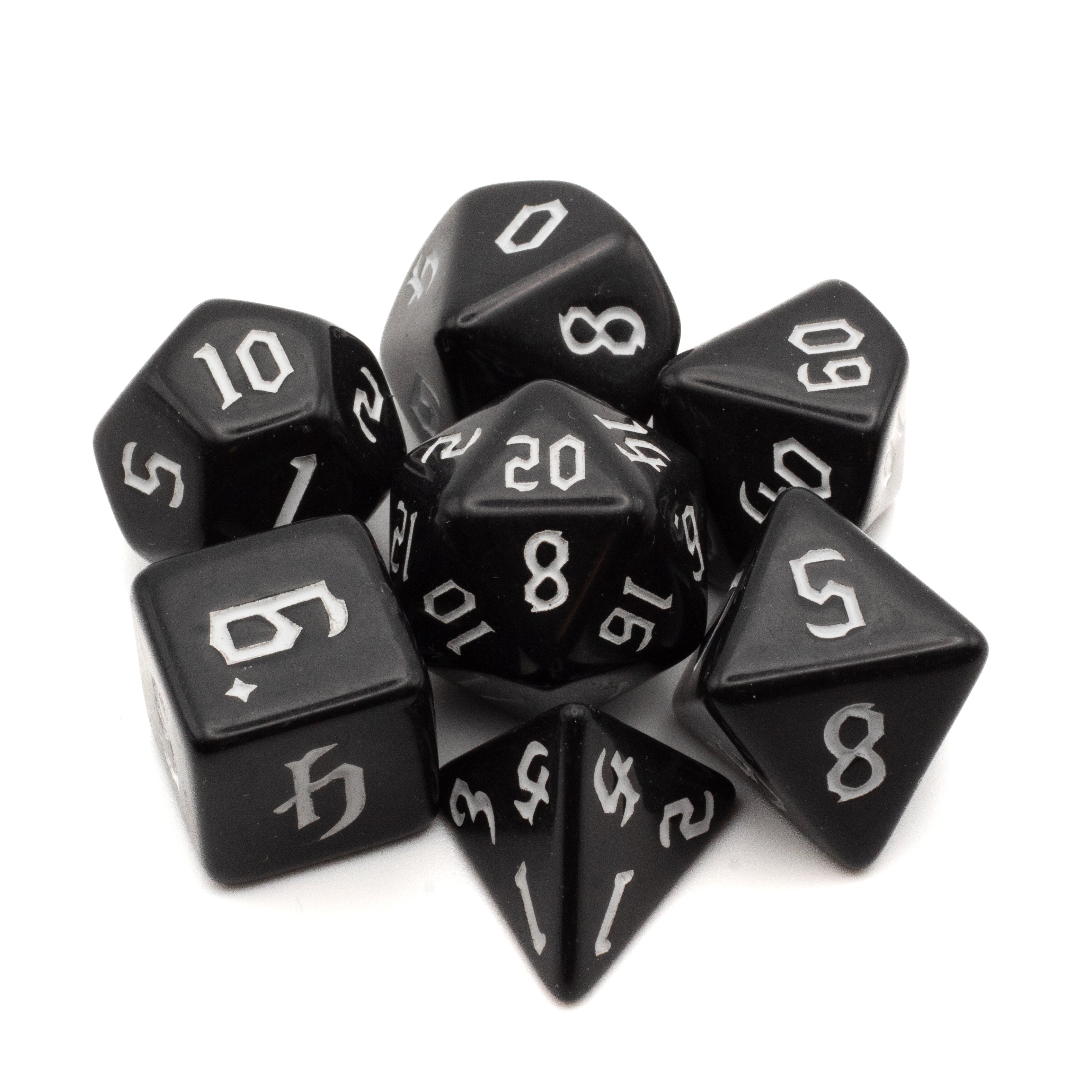 Black Acrylic Dice Set - White - Black acrylic polyhedral dice set with white numbering, including d20, d12, d10, d8, d6, and d4.