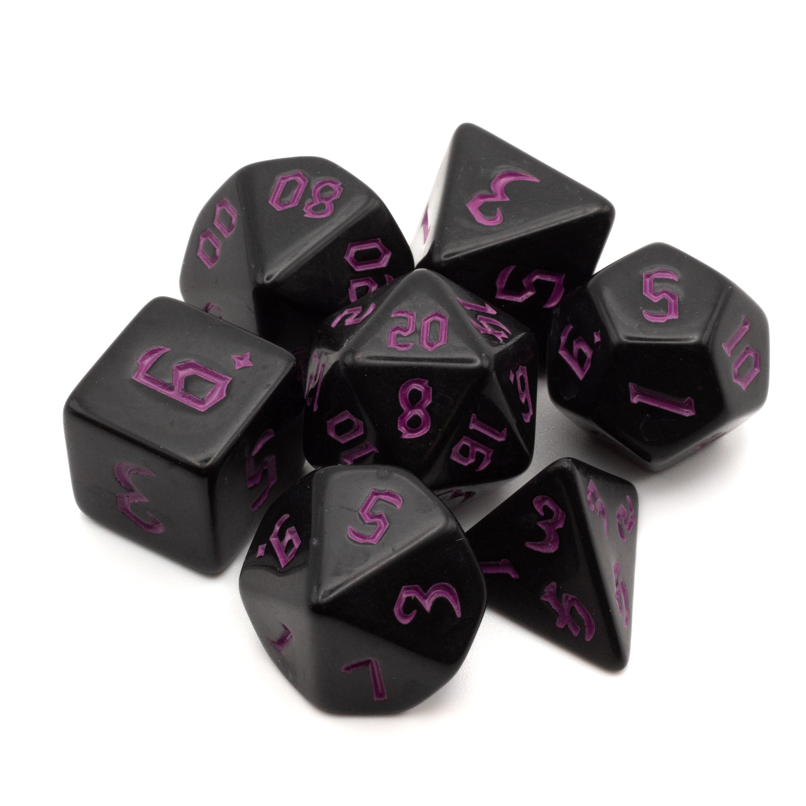 Black Acrylic Dice Set - Pink - Black acrylic dice set with pink numbers, including d20, d12, d10, d8, d6, and d4 shapes.