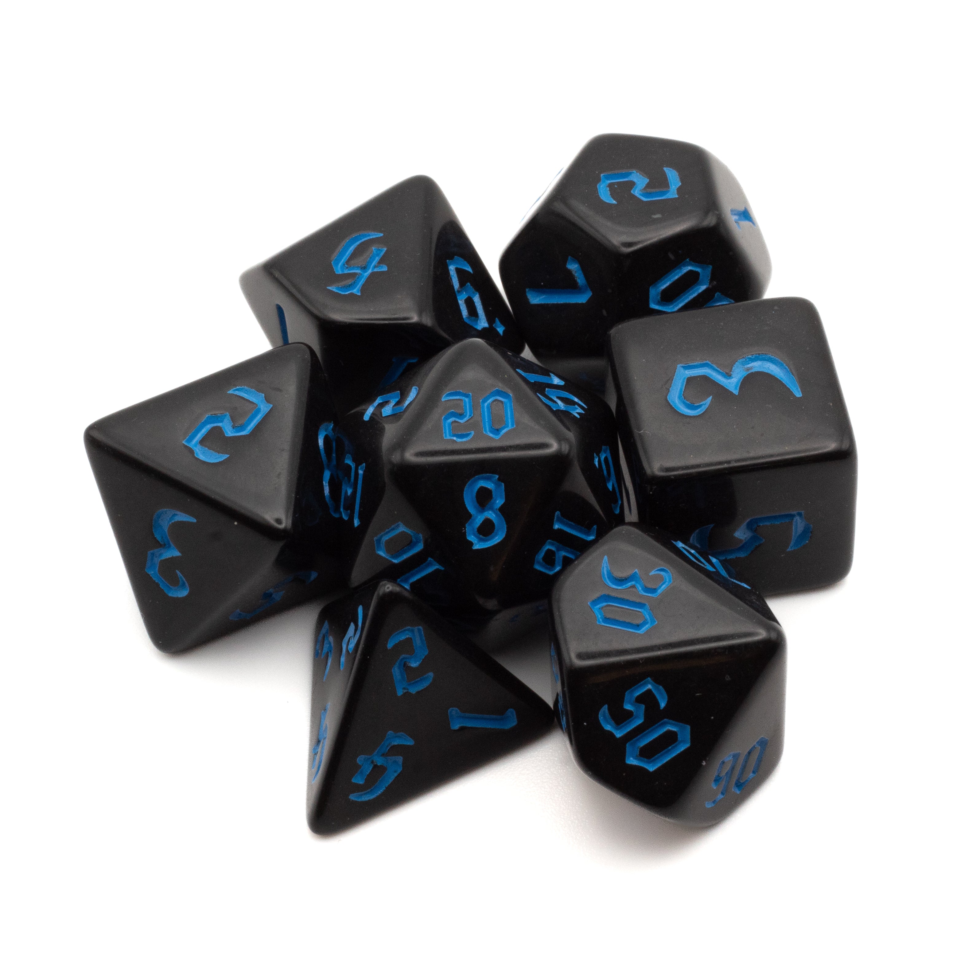 Black Acrylic Dice Set - Blue - Set of black acrylic dice with blue numbers, including various polyhedral shapes for tabletop gaming.