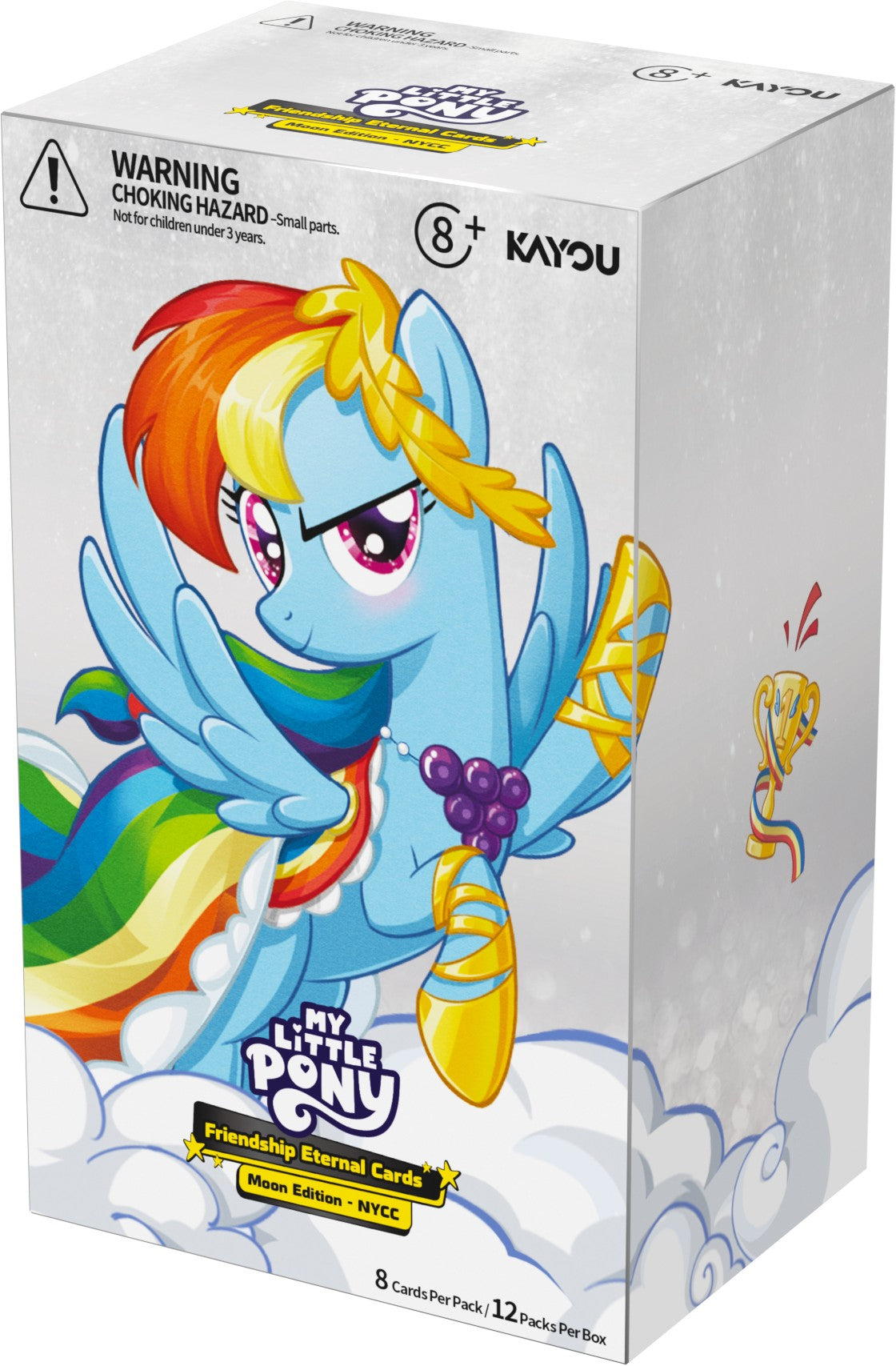 My Little Pony Trading Card Game: Friendship Eternal Cards-Moon Edition-NYCC: Booster Box - White booster box featuring a colorful My Little Pony character with rainbow mane and wings, surrounded by clouds and golden