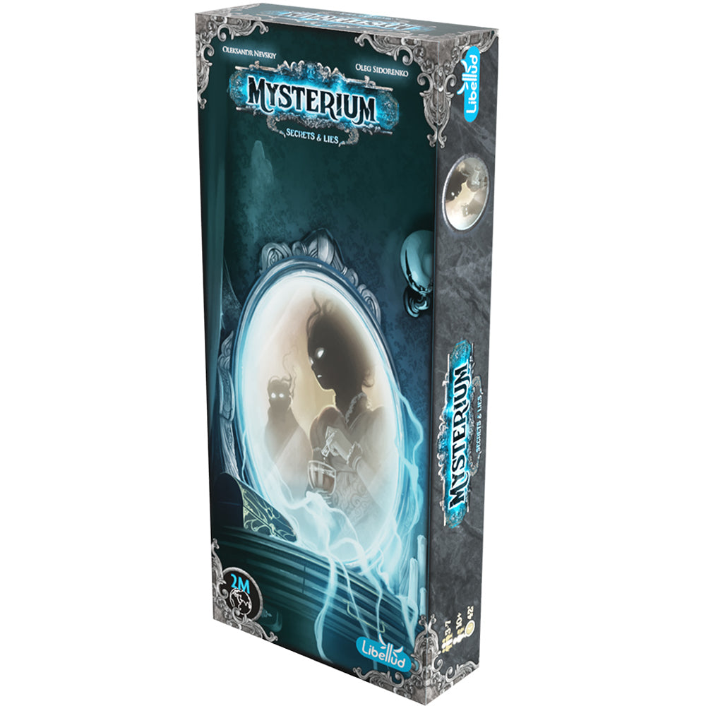 Mysterium: Secrets & Lies Expansion (Refresh) (PREORDER) - Dark teal board game box with a glowing mystical orb showing a shadowy figure and castle, titled Mysterium Secrets & Lies.