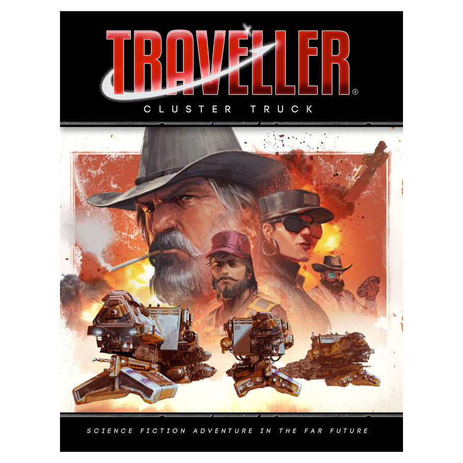 Traveller: Cluster Truck (PREORDER) - Traveller Cluster Truck game box art with sci-fi characters and futuristic vehicles on an orange-red background.