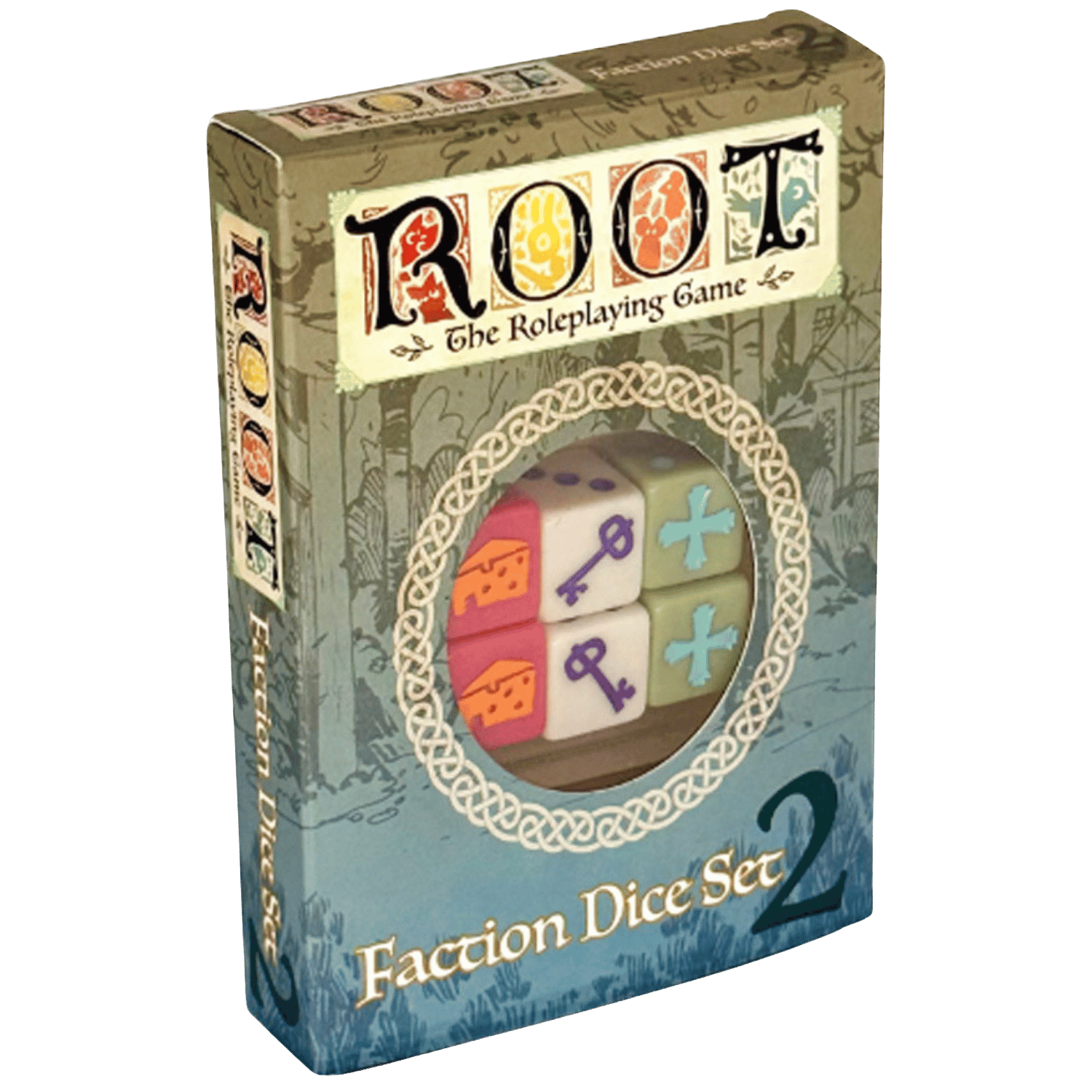 Root RPG: Ruins & Expeditions - Faction Dice Set #2 (PREORDER) - Set of six custom dice with unique symbols in orange, purple, and blue, displayed in a rectangular box labeled "Root The.