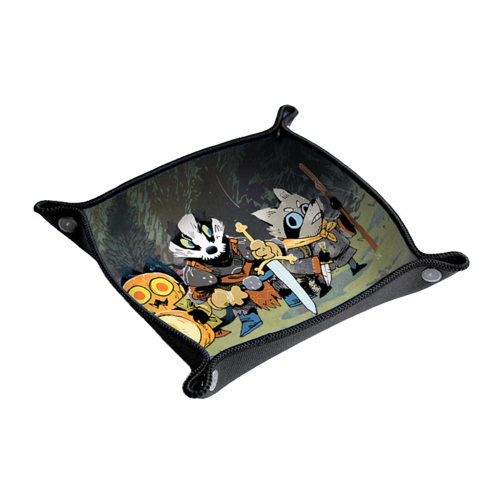 Root RPG: Ruins & Expeditions - Dice Tray (PREORDER) - Square black leather dice tray with folded corners, featuring colorful anthropomorphic animal warriors artwork inside.