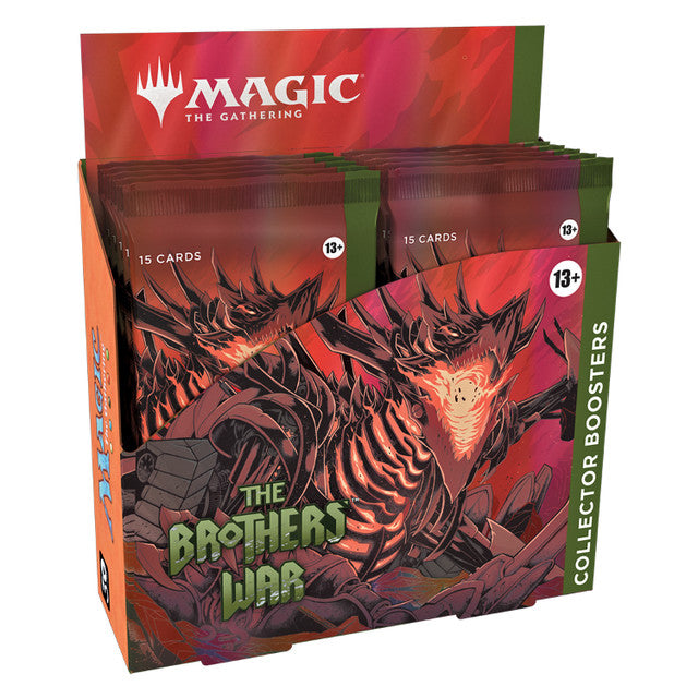 Magic: The Gathering - Brothers' War - Collector Booster Box - The Gathering Brothers' War Collector Booster Box with fiery dragon artwork and 15-card booster packs visible.