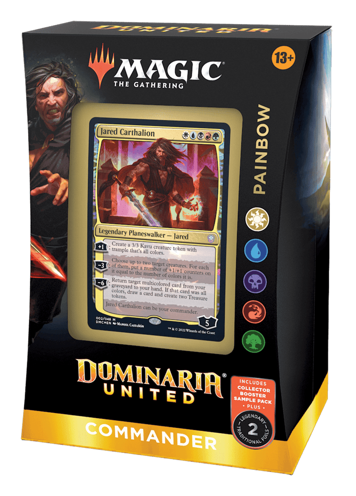 Magic: the Gathering - Dominaria United Commander - Painbow - The Gathering Dominaria United Commander deck box featuring Painbow artwork with multicolor mana symbols on black and yellow .