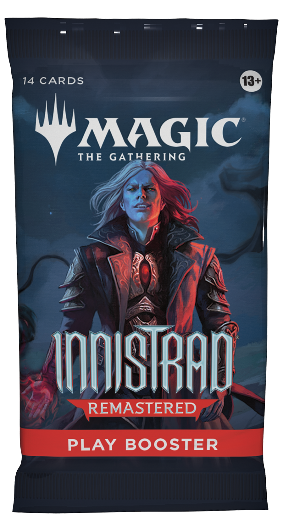 Magic the Gathering: Innistrad Remastered Play Booster Pack - Magic the Gathering Innistrad Remastered Play Booster Pack featuring dark blue packaging with a hooded vampire character and
