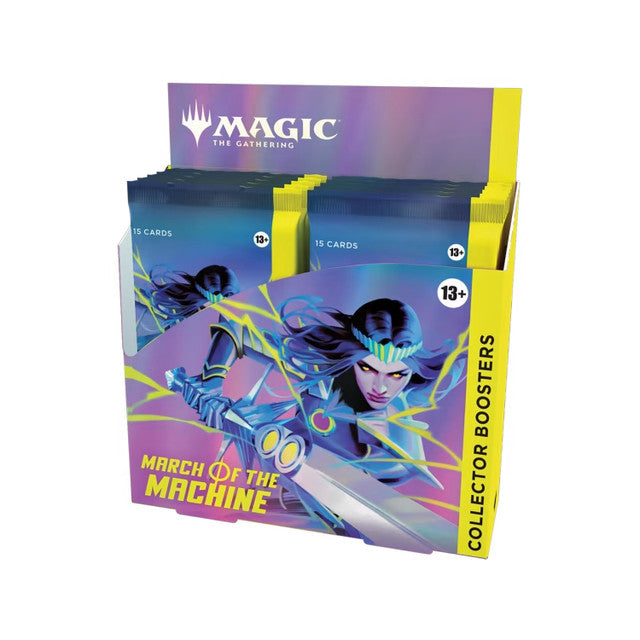 Magic: the Gathering - March of the Machine - Collector Booster Box - The Gathering March of the Machine Collector Booster Box with illustrated female character in futuristic armor on blue and.