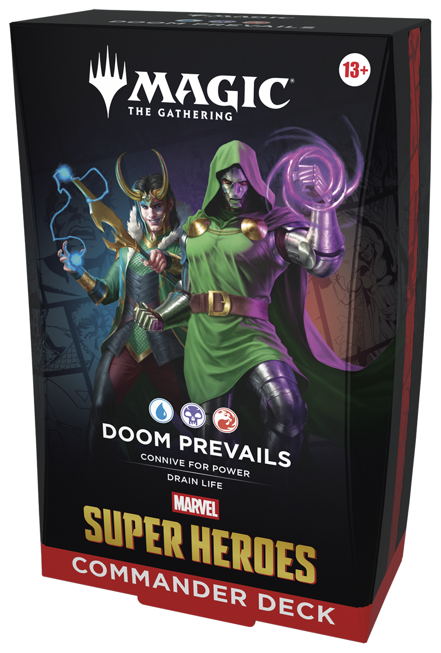 Magic: The Gathering - Marvel Super Heroes Commander Deck - Doom Prevails - The Gathering Marvel Super Heroes Commander Deck box featuring Doctor Doom, dark background with vibrant green, purple, and.