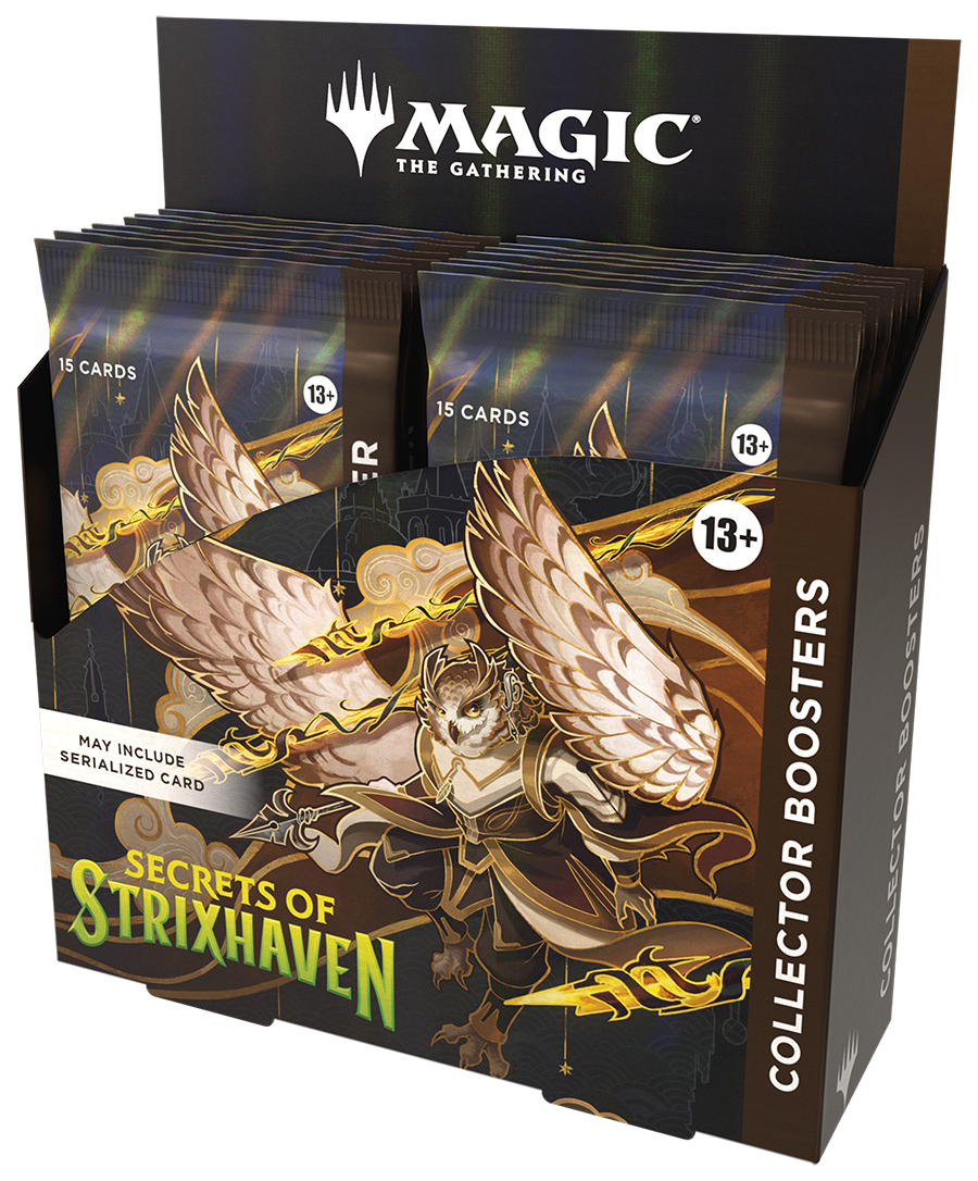 Magic: The Gathering - Secrets of Strixhaven Collector Booster Box (PREORDER) - The Gathering Secrets of Strixhaven Collector Booster Box with golden winged character artwork on a black background,.