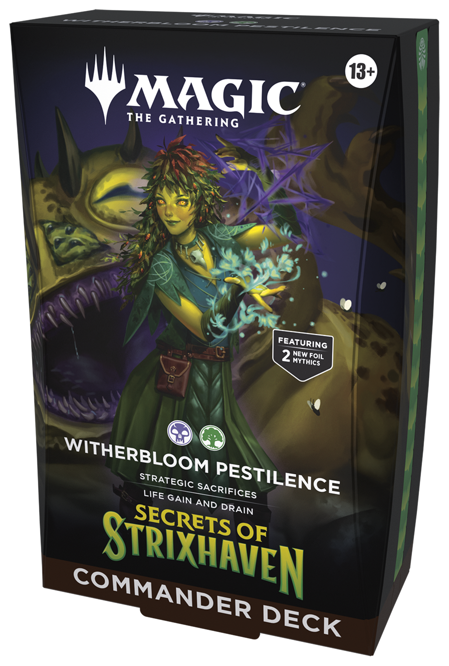 Magic: The Gathering - Secrets of Strixhaven Commander Deck - Witherbloom Pestilence (PREORDER) - The Gathering Secrets of Strixhaven Witherbloom Pestilence Commander Deck box with dark green and purple fantasy artwork.