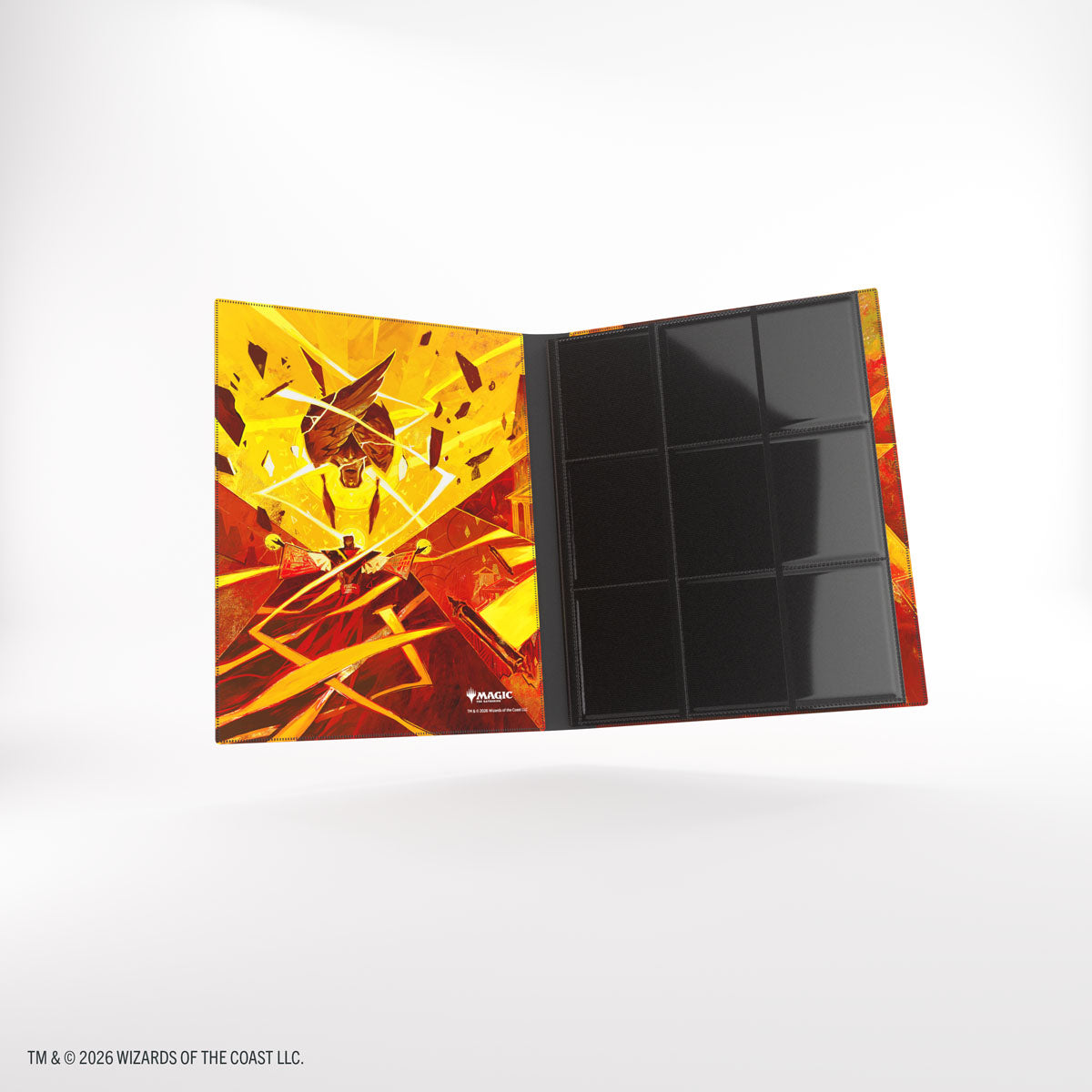 Gamegenic 18-Pocket Casual Album: Secrets of Strixhaven - Lorehold (PREORDER) - Open card album with bright orange and yellow geometric cover art and 18 transparent plastic card pockets inside.