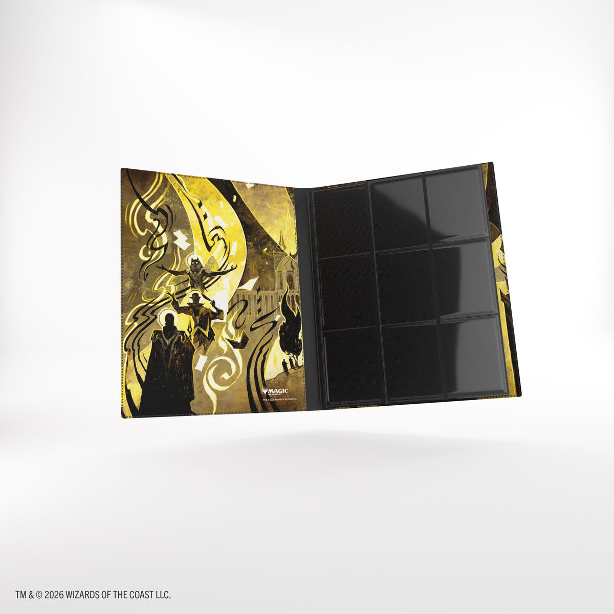 Gamegenic 18-Pocket Casual Album: Secrets of Strixhaven - Silverquill (PREORDER) - Black card album with 18 clear pockets, cover features gold and black artwork with stylized figures and swirling patterns.
