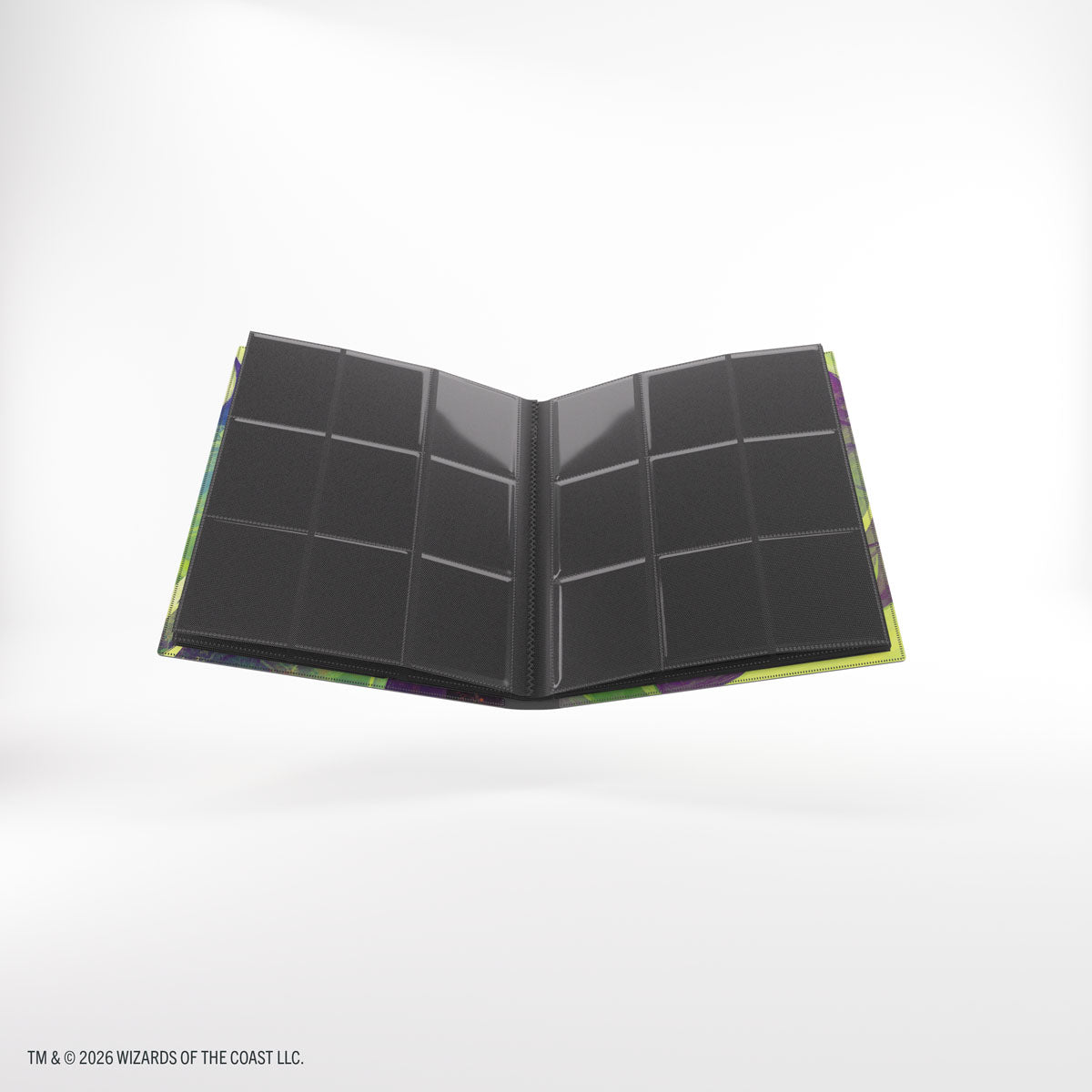 Gamegenic 18-Pocket Casual Album: Secrets of Strixhaven - Witherbloom (PREORDER) - Open binder-style card album with 18 transparent plastic pockets visible on black pages, colorful outer cover edges.