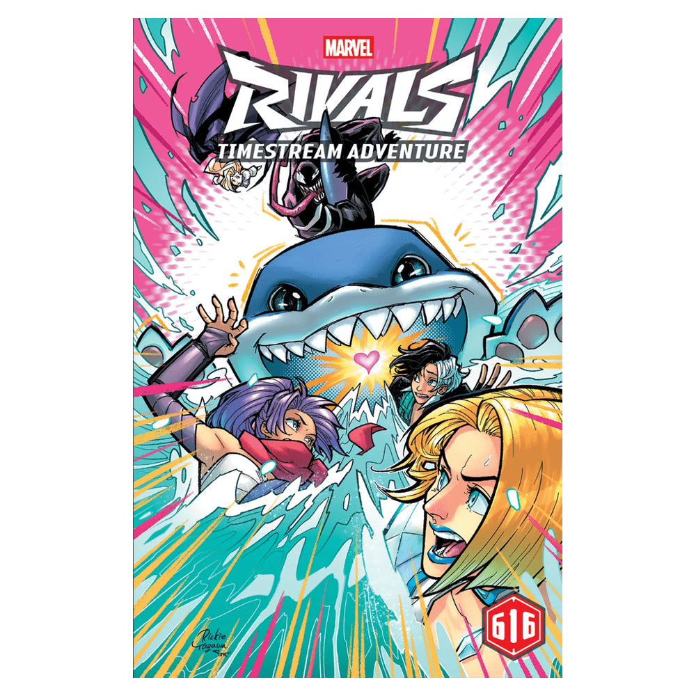 Marvel Multiverse RPG: Marvel Rivals: Timestream Adventure - Colorful comic-style cover featuring Marvel characters battling a large shark with a glowing heart, dynamic action lines,.