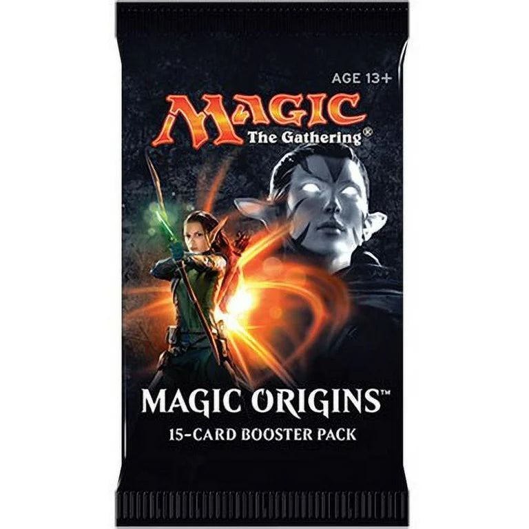 Magic: The Gathering - Magic Origins Booster Pack - The Gathering Magic Origins booster pack with dark background, fiery orange magic swirl, and character artwork.