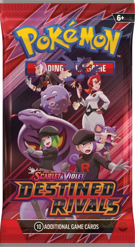 Pokemon TCG: Scarlet & Violet SV10 - Destined Rivals Booster Pack - Red Pokemon booster pack featuring characters and Pokemon with "Scarlet & Violet Destined Rivals" text and 10 additional.