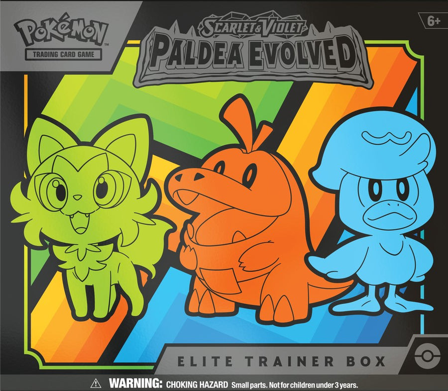 Pokémon TCG: Scarlet & Violet: Paldea Evolved Elite Trainer Box - Scarlet & Violet Paldea Evolved Elite Trainer Box featuring Sprigatito, Fuecoco, and Quaxly on black, green, orange.