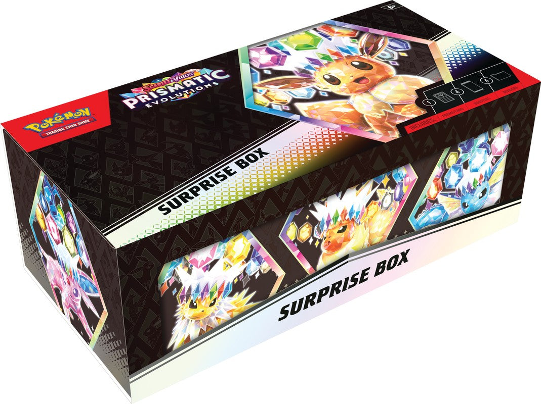 Pokemon Scarlet and Violet 8.5 Prismatic Evolutions Surprise Box - Black rectangular Pokemon Scarlet and Violet 8.5 Prismatic Evolutions Surprise Box with colorful game card artwork on sides.