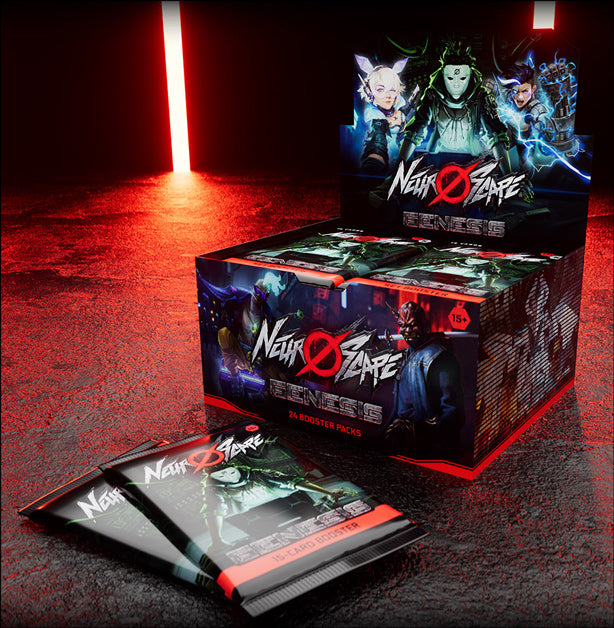 Neuroscape TCG: Genesis Unlimited Booster Display (PREORDER) - Black rectangular booster display box featuring dark fantasy character artwork and red accents with three matching booster.