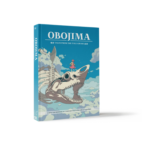 Obojima: Tales from the Tall Grass - Blue softcover RPG book titled Obojima with illustration of a large skeletal fish head and a small figure standing on it.