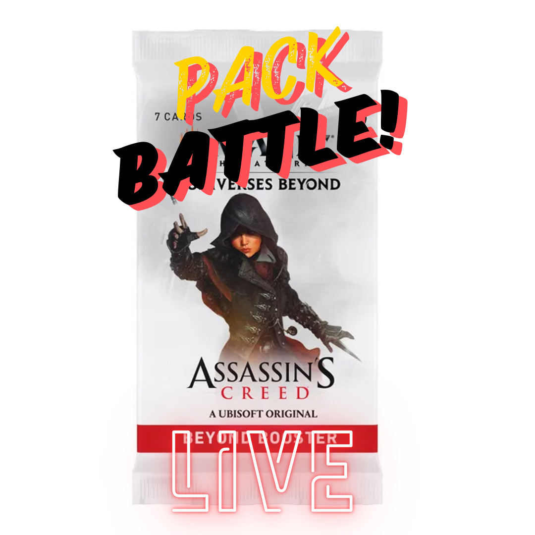 PACK BATTLE! Booster Pack Stream Live Pull - Assassin’s Creed-themed MTG booster pack with hooded character and bold Pack Battle Live text.