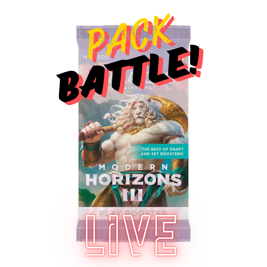 PACK BATTLE! Booster Pack Stream Live Pull - Modern Horizons III Magic The Gathering booster pack with Pack Battle and Live text overlay.