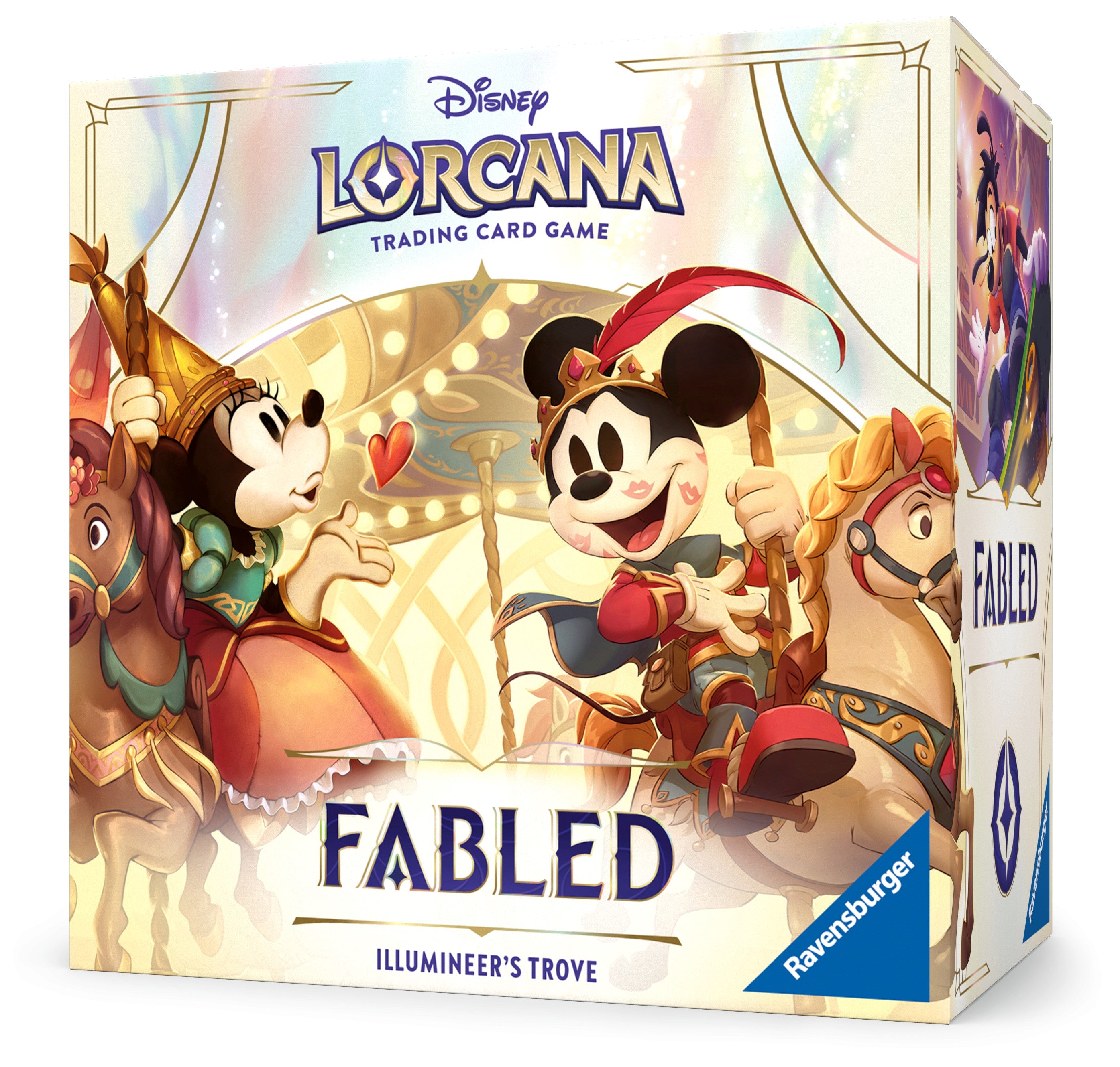 Lorcana TCG: Fabled Illumineer's Trove - Disney Lorcana trading card game box with colorful fantasy artwork featuring Mickey Mouse in medieval attire, gold and cream