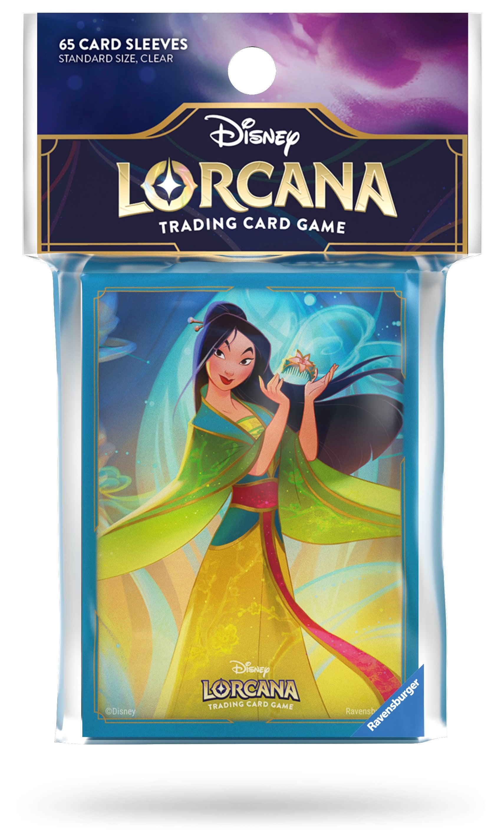 Lorcana TCG: Fabled Card Sleeves - Mulan - Lorcana TCG card sleeves featuring Mulan in green and red traditional attire with flowing black hair on a blue background.