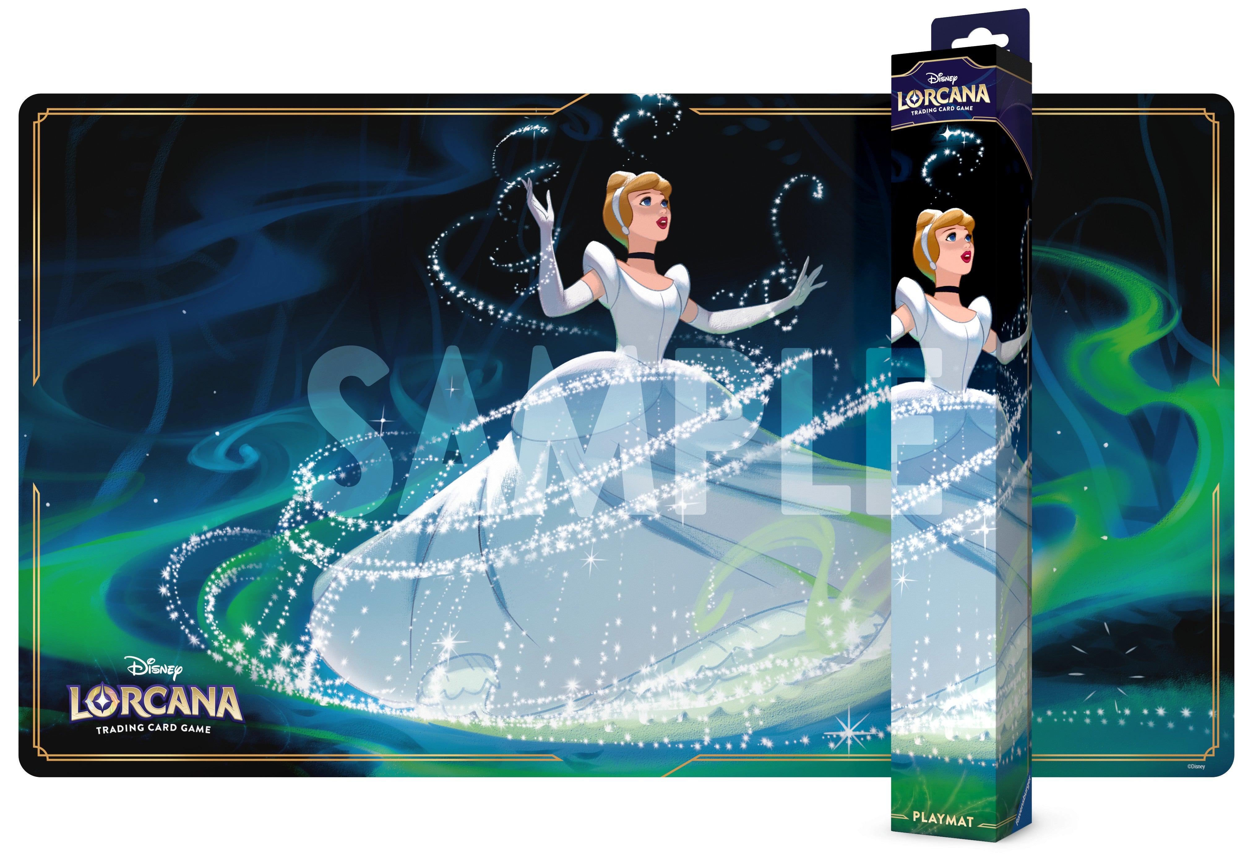 Lorcana TCG: Fabled Playmat - Bibbidi Bobbidi Boo - Colorful Lorcana TCG playmat featuring Cinderella in a sparkling white gown with magical green and blue swirls on a dark.