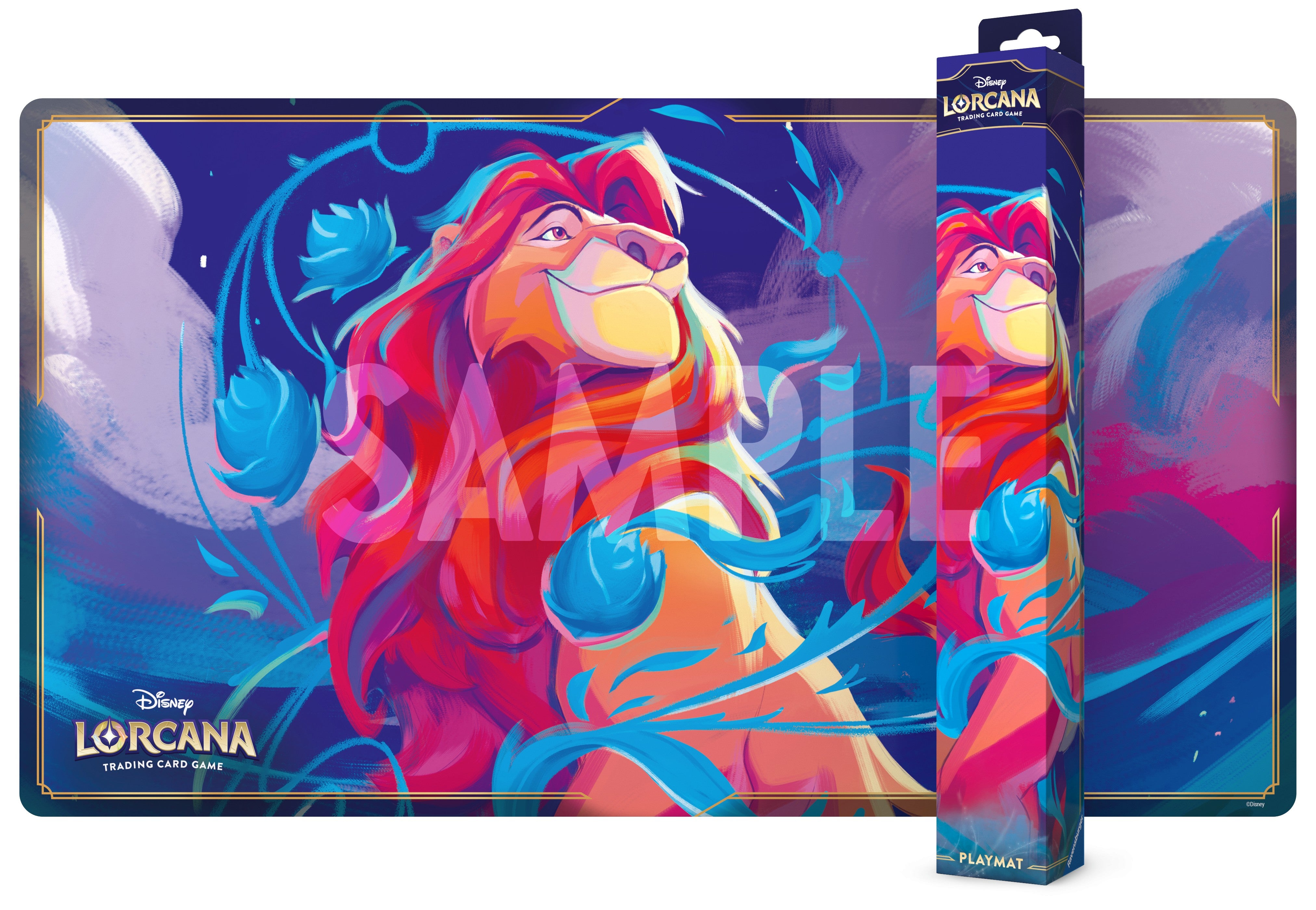 Lorcana TCG: Fabled Playmat - Mufasa - Playmat featuring vibrant illustration of Mufasa with blue leaves on purple and blue background, smooth fabric surface.