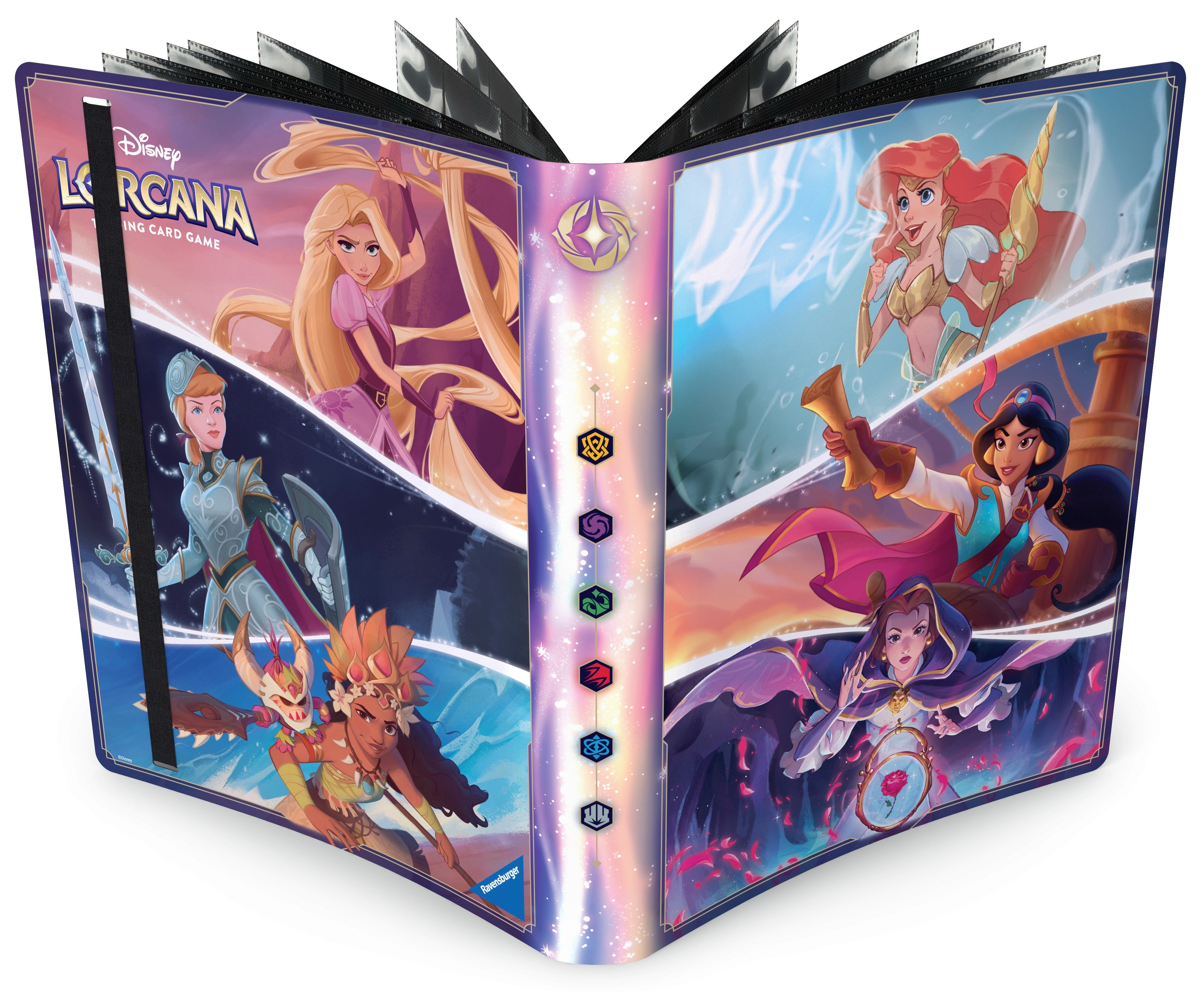 Lorcana TCG: Fabled 9-pocket Portfolio - Hardcover Lorcana TCG portfolio with colorful fantasy character artwork and nine-pocket clear sleeves inside.