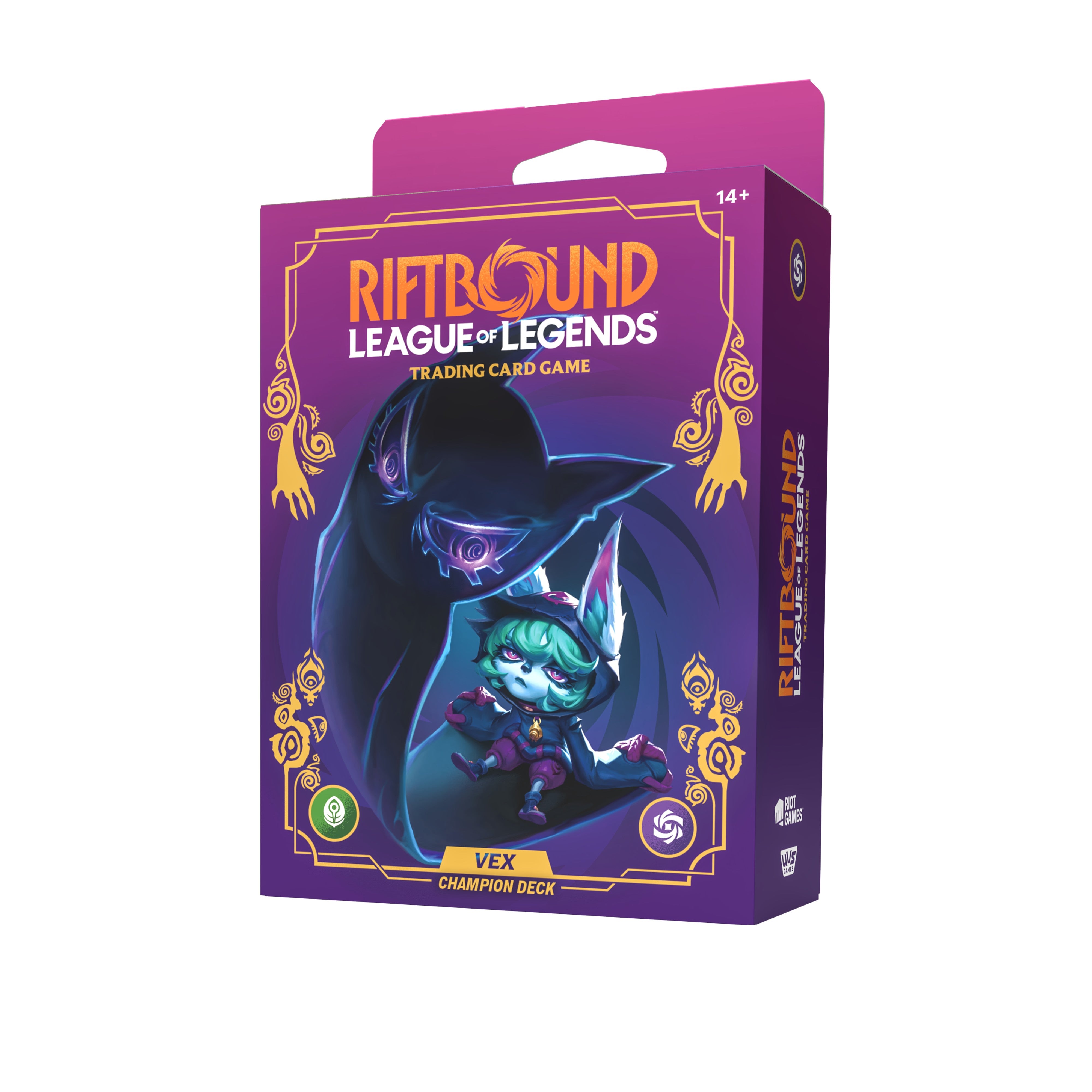 Riftbound: League of Legends TCG: Unleashed Champion Deck - Vex (PREORDER) - Purple rectangular card deck box featuring chibi character Vex with glowing eyes from League of Legends on front.