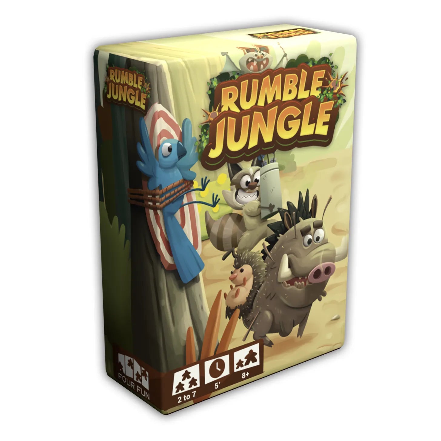 Rumble Jungle (PREORDER) - Rectangular box of Rumble Jungle board game featuring colorful cartoon animals including a blue monkey, a raccoon, and a.