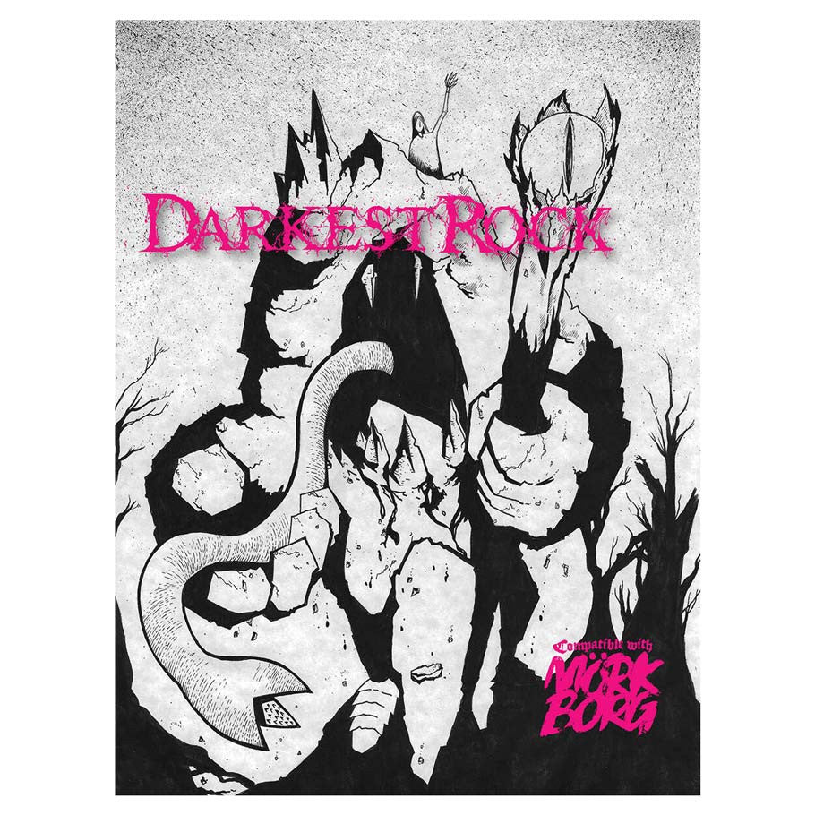 Mork Borg: Darkest Rock (PREORDER) - Black and white stylized illustration of a horned figure with a trident, pink "Darkest Rock" and "Mork Borg" text on a.