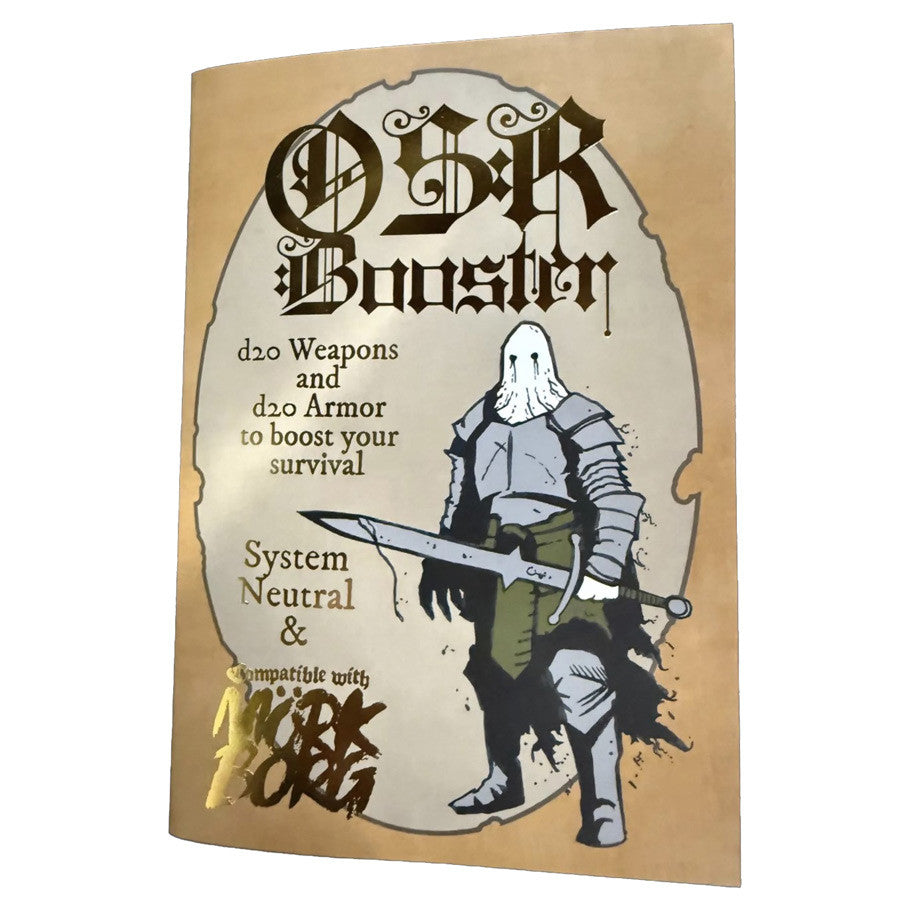 Mork Borg: OSR Booster (PREORDER) - Beige RPG book cover titled "OSR Booster" with black gothic font, featuring a knight illustration in armor holding a sword.