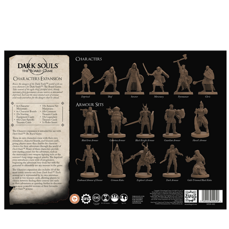 Dark Souls: Character Expansion - Dark Souls Character Expansion game card and miniature character figurines on black background.