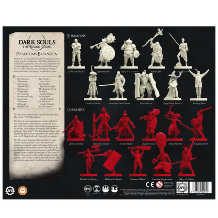 Dark Souls: Phantoms Expansion - Dark Souls Phantoms Expansion game miniatures set with detailed white and red fantasy warrior figures on black background.