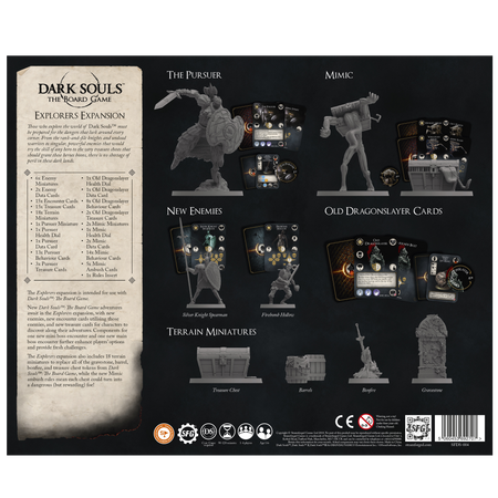 Dark Souls: Explorers Expansion - Dark Souls Explorers Expansion back cover showing contents list, new enemy and mimic cards, old Dragon Slayer cards, and.