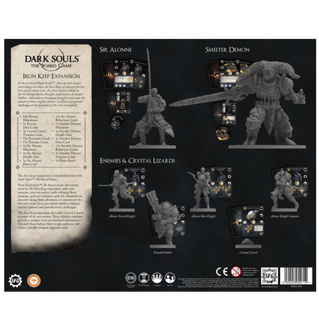 Dark Souls: Iron Keep Expansion - Iron Keep Expansion game components with detailed miniature figures and descriptive text on black background.