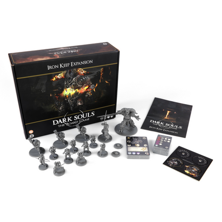 Dark Souls: Iron Keep Expansion - Dark Souls Iron Keep Expansion board game with detailed grey miniatures, cards, and tokens on white background.