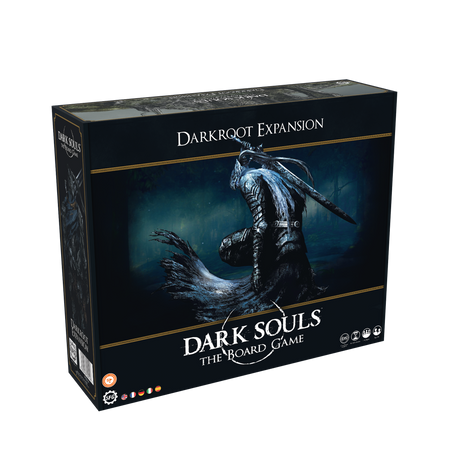 Dark Souls: Darkroot - Dark Souls board game expansion box featuring a knight in dark armor wielding a sword on a blue background.