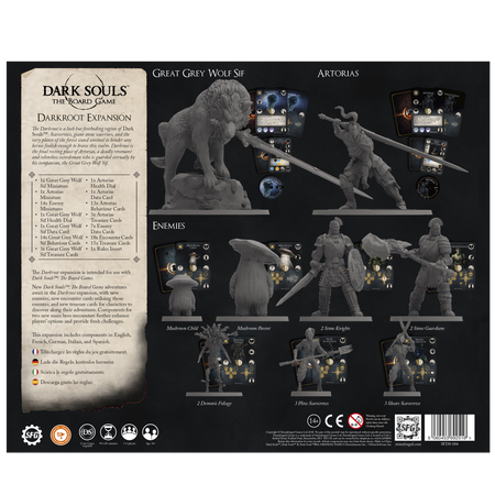 Dark Souls: Darkroot - Darkroot expansion board game components with character and enemy cards, rules, and miniature figures.