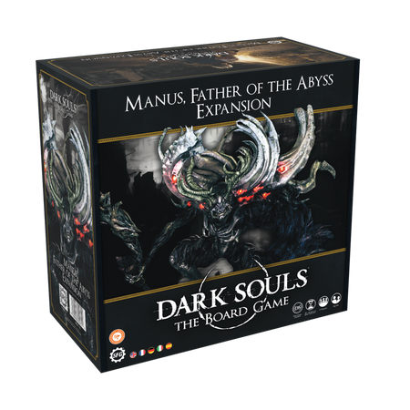 Dark Souls: Manus, Father Of The Abyss - Dark Souls board game expansion box featuring Manus, Father of the Abyss with dark, menacing artwork and glowing red eyes.