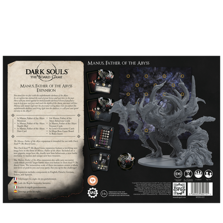 Dark Souls: Manus, Father Of The Abyss - Dark Souls expansion set with detailed Manus, Father of the Abyss figure, cards, and game tokens on black background.
