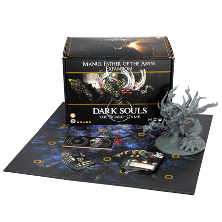 Dark Souls: Manus, Father Of The Abyss - Dark Souls board game expansion set with detailed gray Manus miniature, illustrated game board, cards, and tokens in.